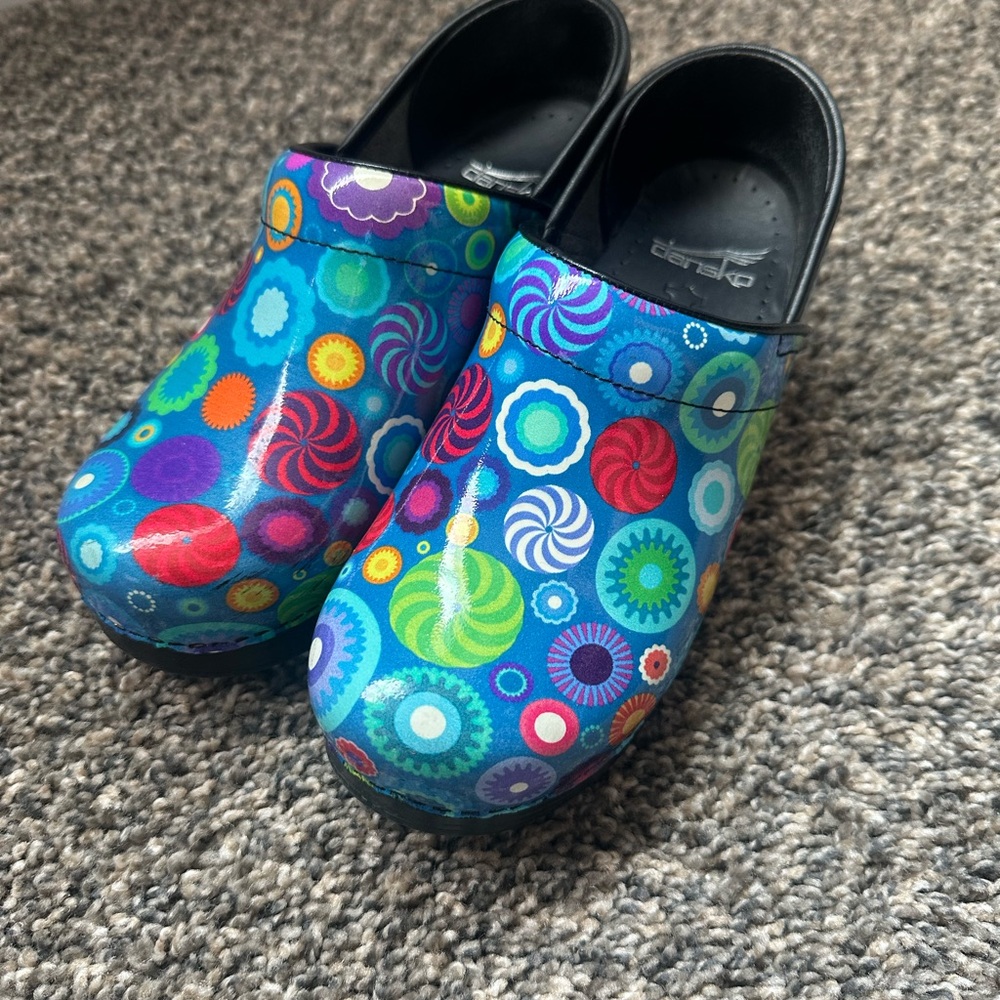 Dansko Blue Multicolor Patterned Clogs